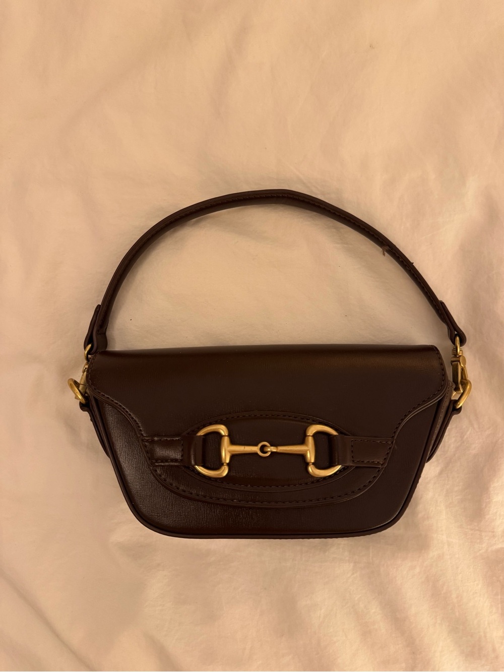 Dark Brown (p)Leather Shoulder Bag with Gold Horsebit Accent